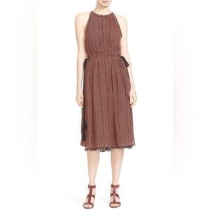 Apiece Apart Lippard Sleeveless Midi Dress Size 2 Tassels Coral Orange Black